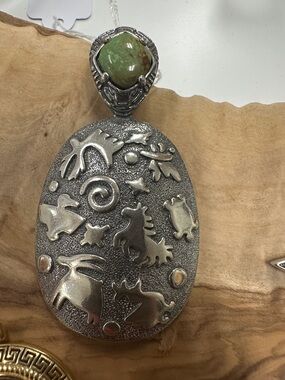 Jody Naranjo Sterling Silver Tribal Motif Pendant with Green Stone